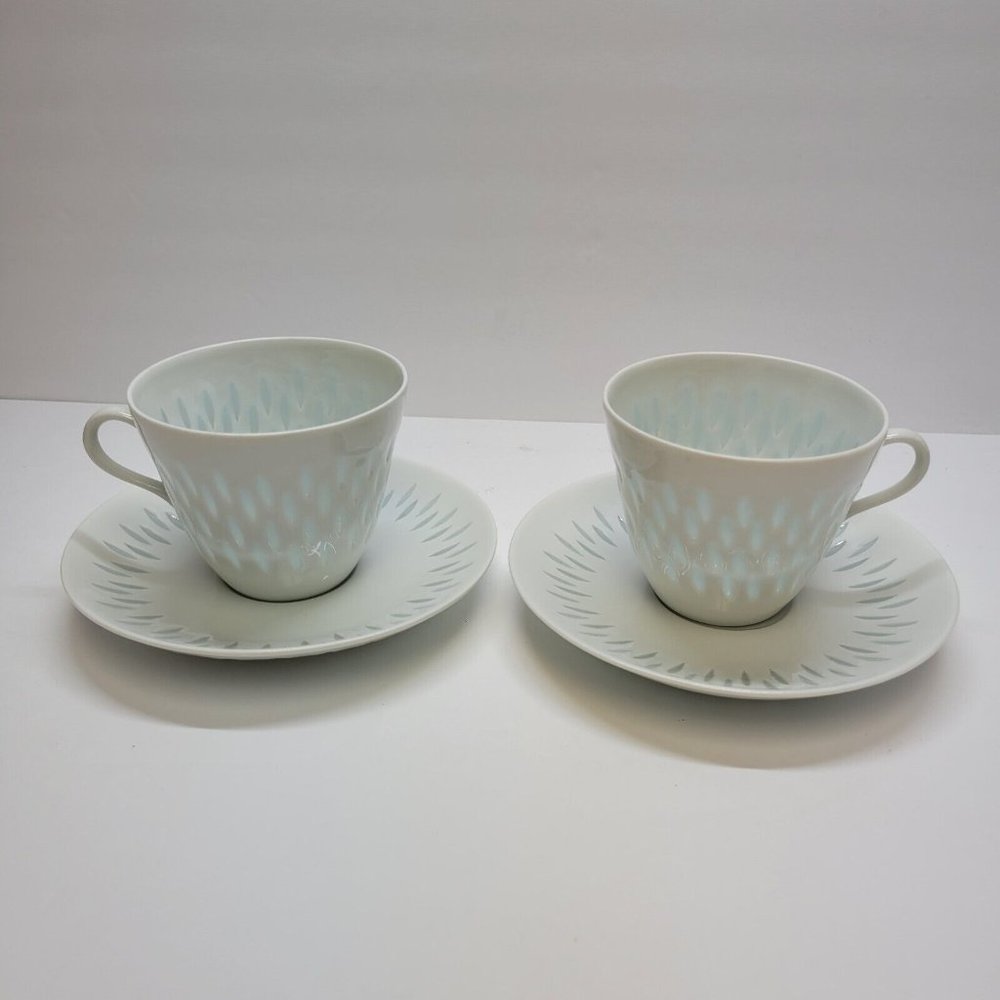 Lot of 4 Arabia of Finland 2 Cup 2 Saucers Vintage White Rice (Grains) Porcelain